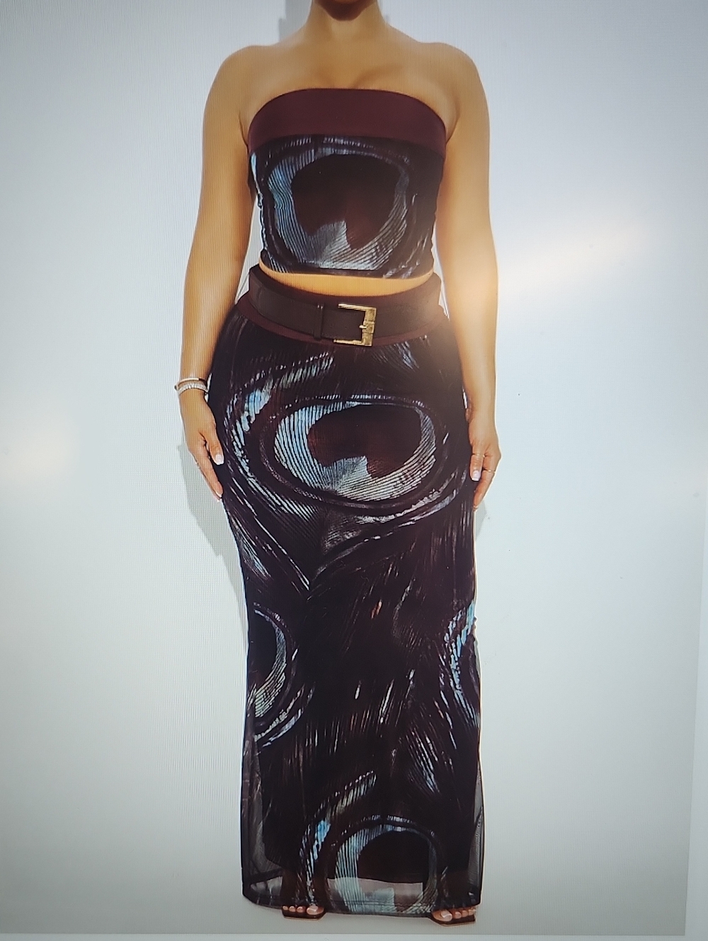 Fashion Nova Black & Brown Strapless Printed Maxi Skirt